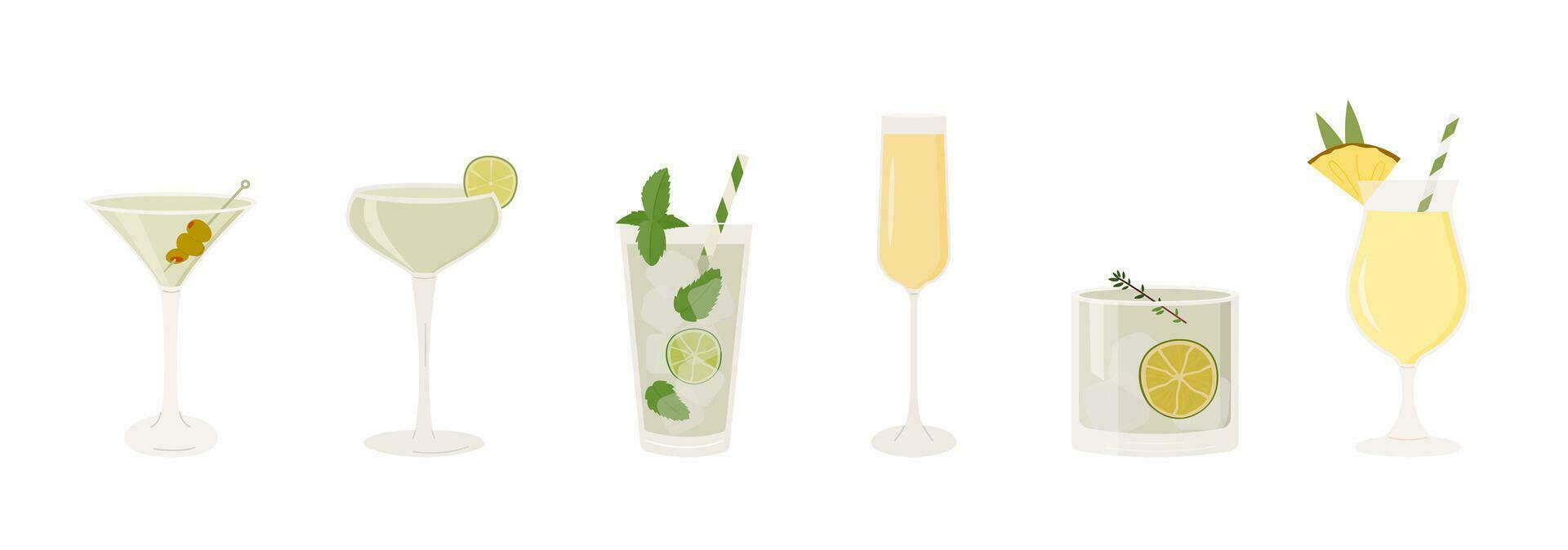 Set of classic cocktails. Different alcoholic drinks in various glasses. Summer aperitif garnish with lime twist, orange slice, olive skewer, cherry. Vector illustration of soft and alcohol beverages.