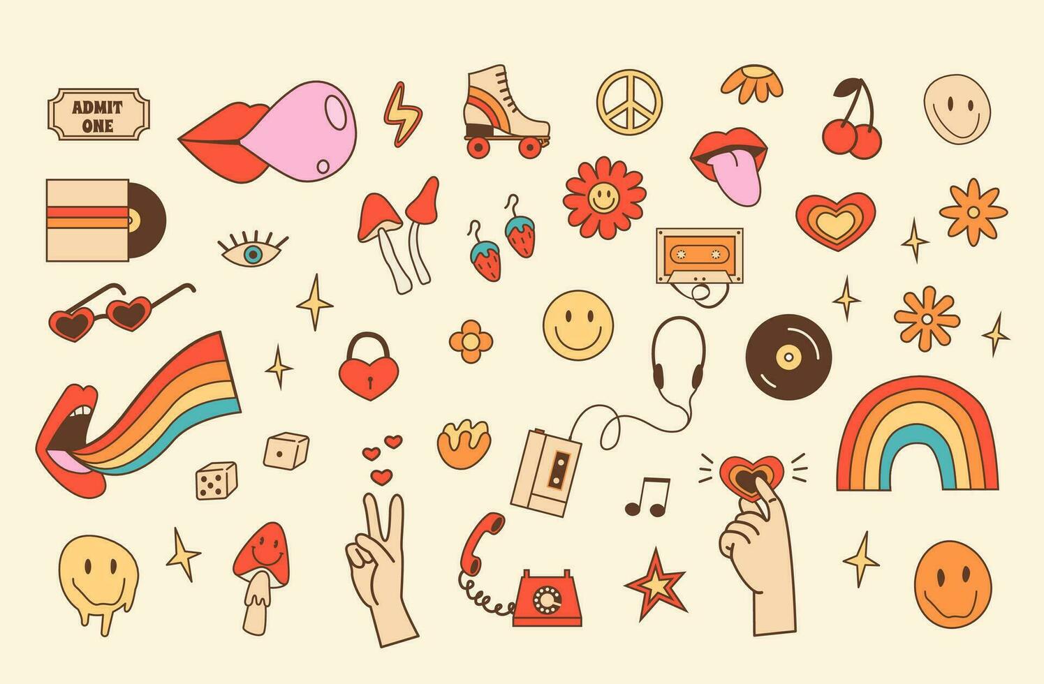 Retro set of stickers with 70s 80s style elements. Cartoon daisy flower with smiley face. Old fashioned roller skate, music devices and hand gestures. Hippie vintage outline color icons. Vector. vector