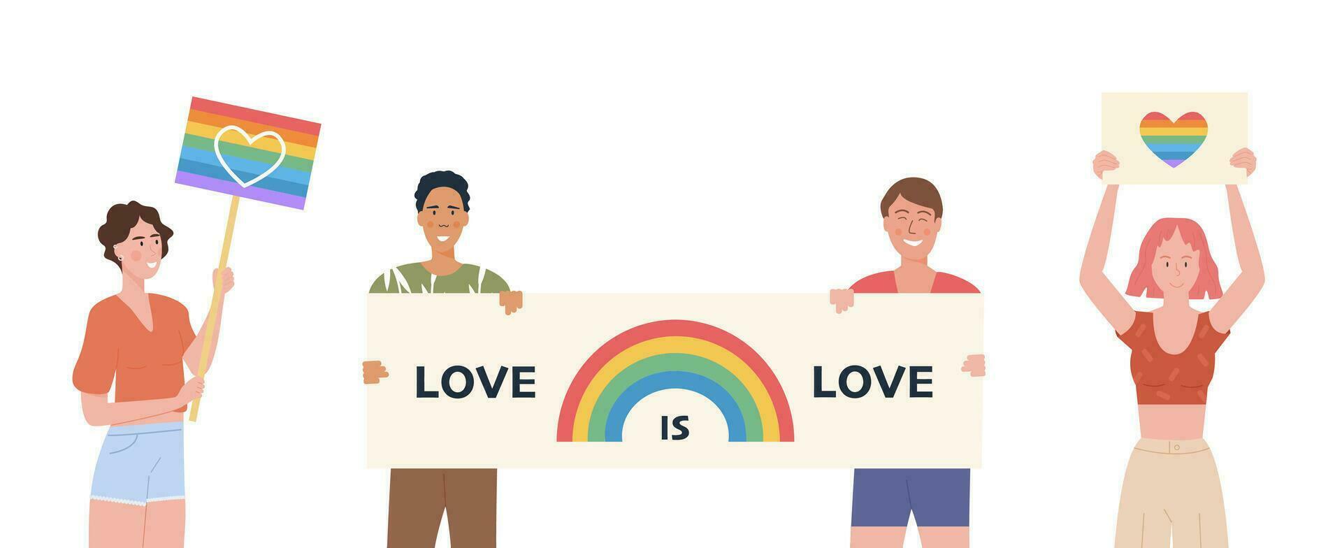 Crowd of people at pride parade. Men and women at demonstration for LGBT rights. Group of gay, lesbian, bisexual, transgender activists. Sexual diversity. Set of Vector characters for pride month.