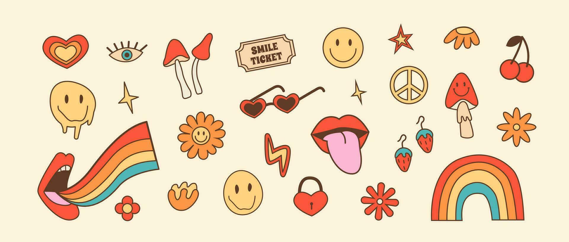 Retro set of stickers with 70s 80s style elements. Cartoon daisy flower with smiley face. Old fashioned roller skate, music devices and hand gestures. Hippie vintage outline color icons. Vector. vector