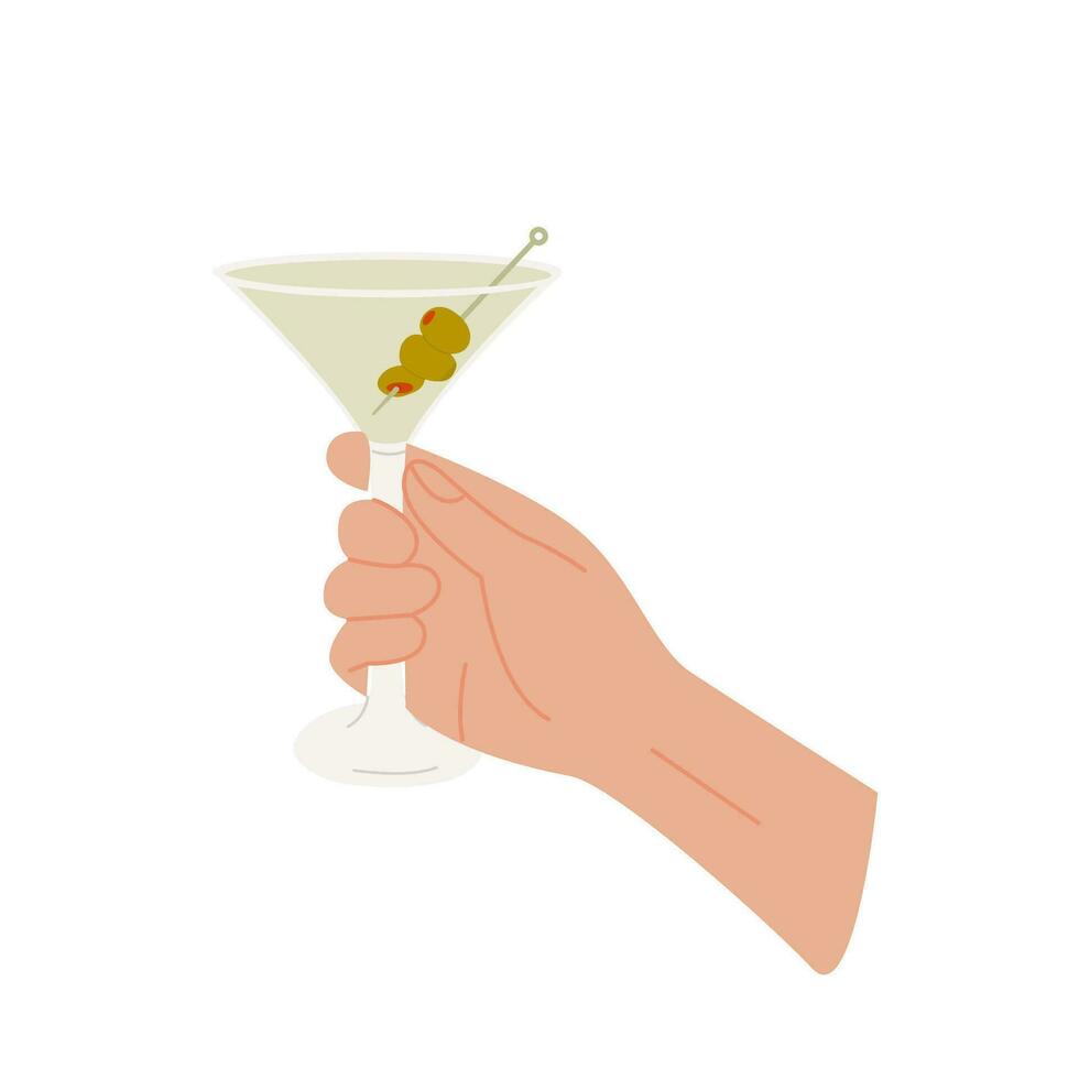 Female or male hand holding martini glass with classic cocktail garnished with green olives. Glass with alcohol drink. Summer aperitif, alcoholic beverage. Flat vector illustration isolated on white.