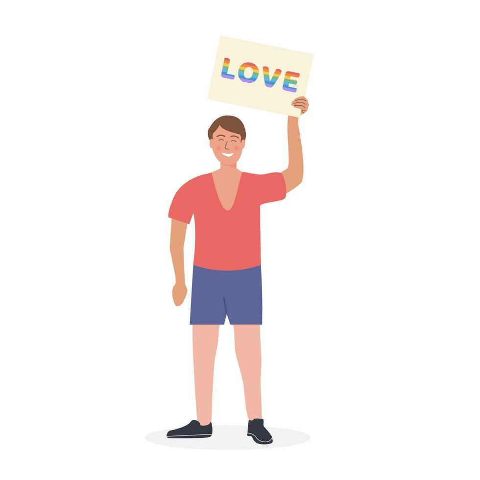 A Gay in shirt with rainbow flag and other queer symbols at pride parade holding placard with same sex sign. Men at demonstration for equal rights. LGTB activist. Vector flat character on white.