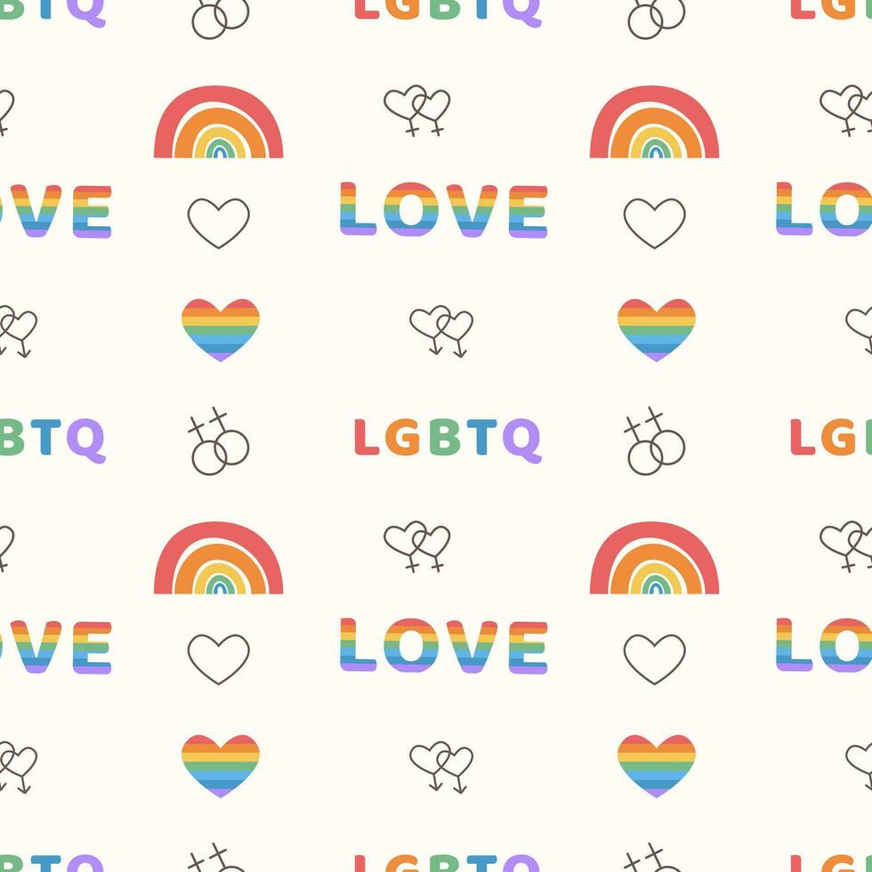 Seamless pattern with same sex signs. LGBT marriage. Outline icons. Trendy rainbow colored heart. Background with elements for queer community. Pride day. Gay parade. Flat style Illustration. vector