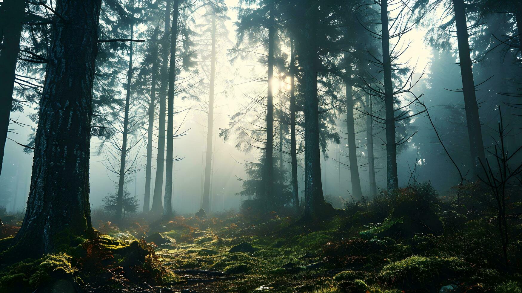 AI generated Mystical Morning, Sunrays Illuminating a Forest Trail photo