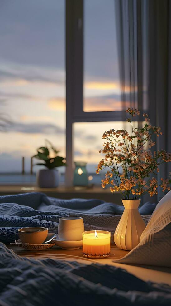 AI generated Twilight Calmness with Blooming Flowers and Tea photo
