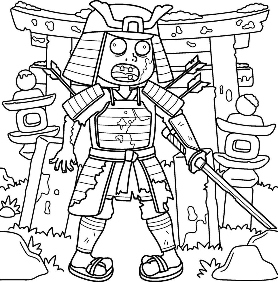 zombi samurai colorante página para niños vector