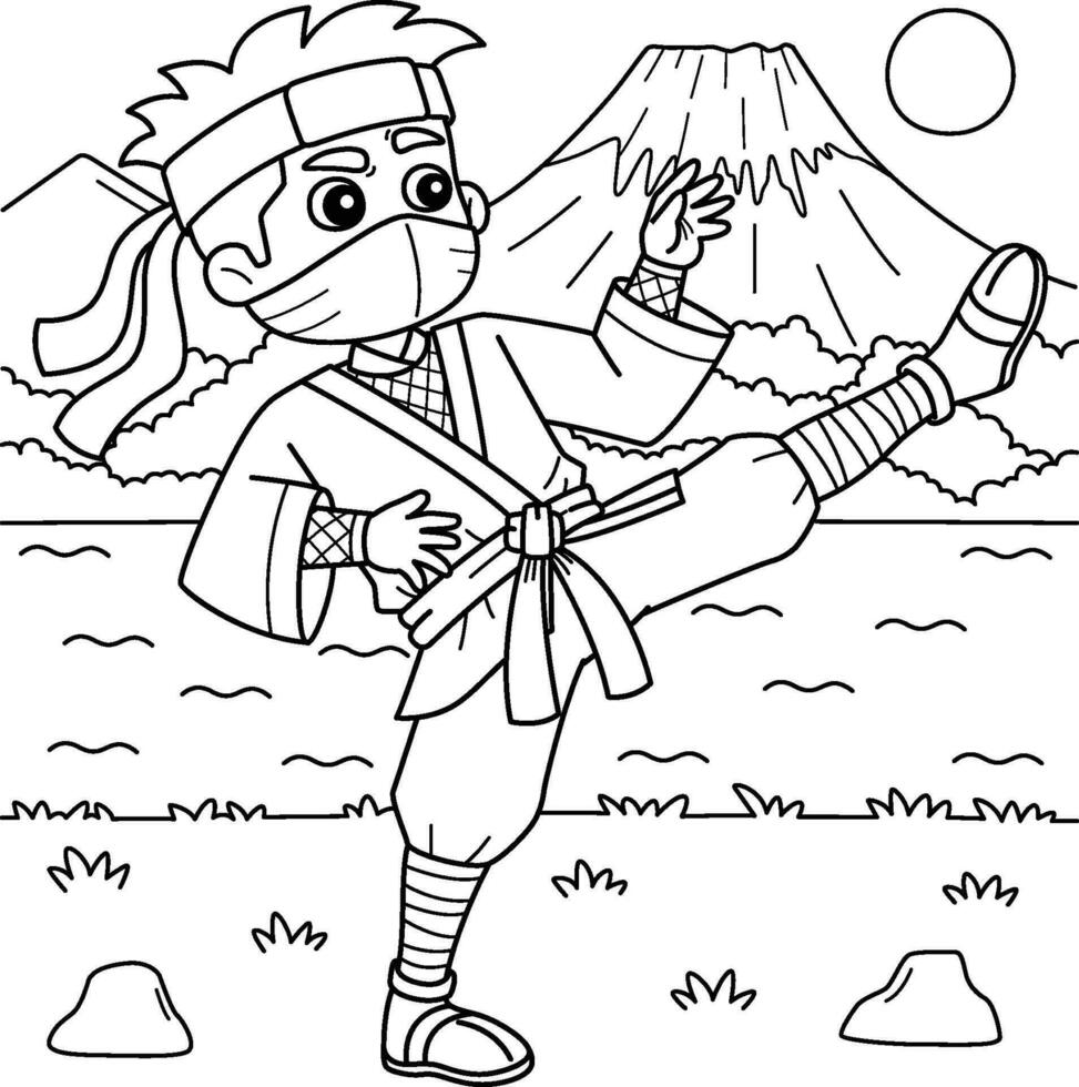 ninja haciendo marcial letras colorante página para niños vector