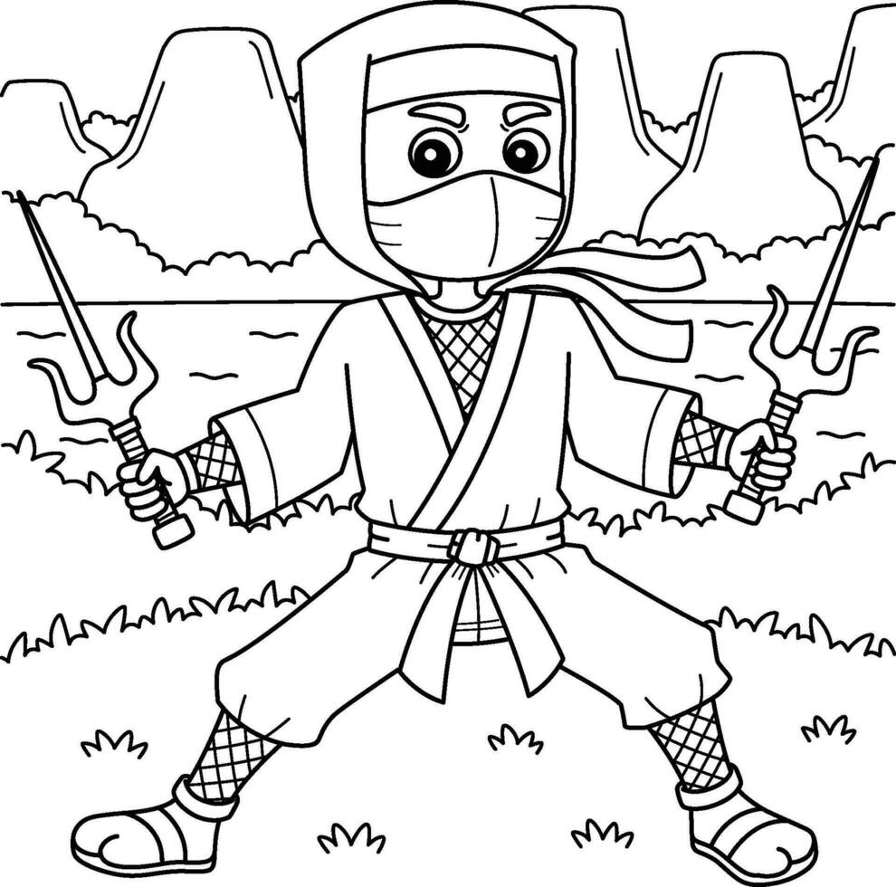 Ninja Holding a Twin Sai Coloring Page for Kids vector