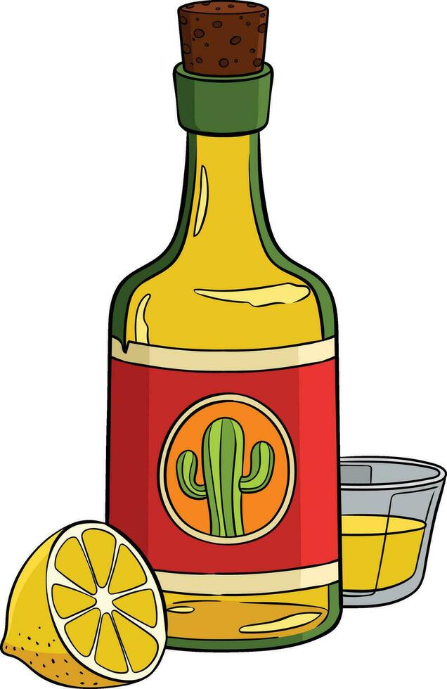 Bottle of Tequila and Lemon Cartoon Clipart vector