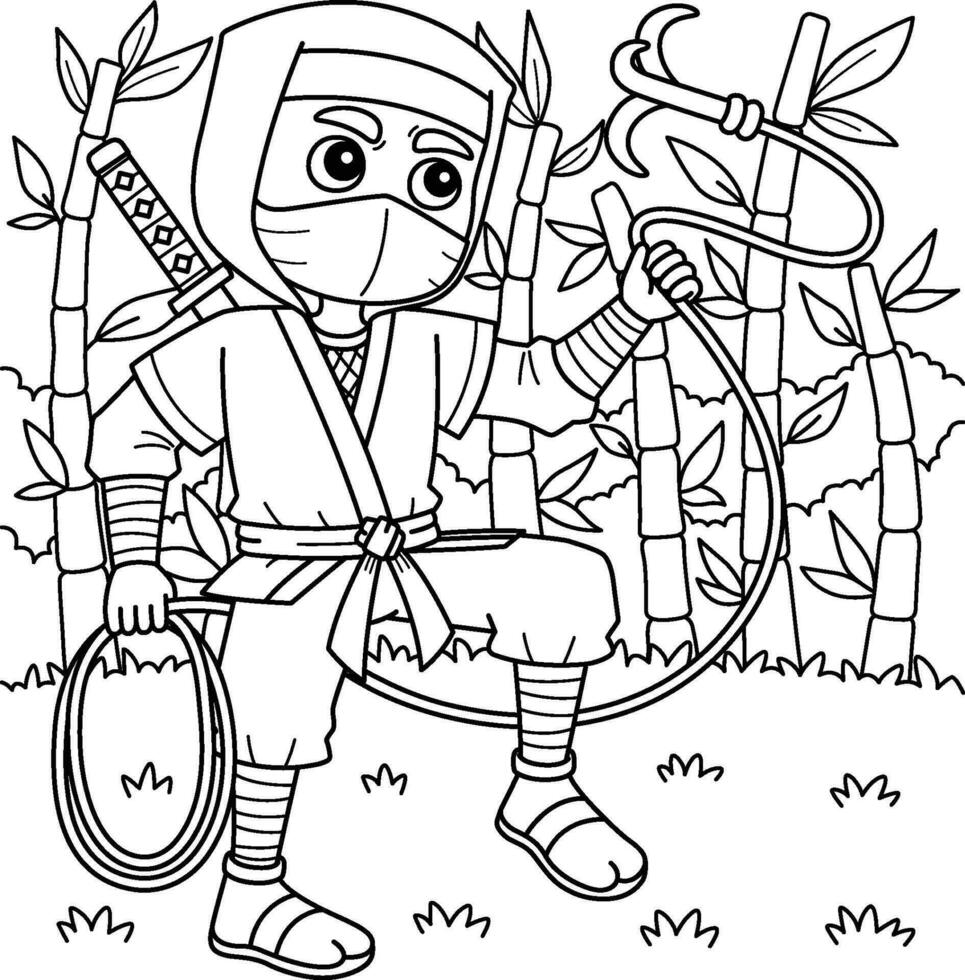 Ninja with a Grappling Hook Coloring Page for Kids vector