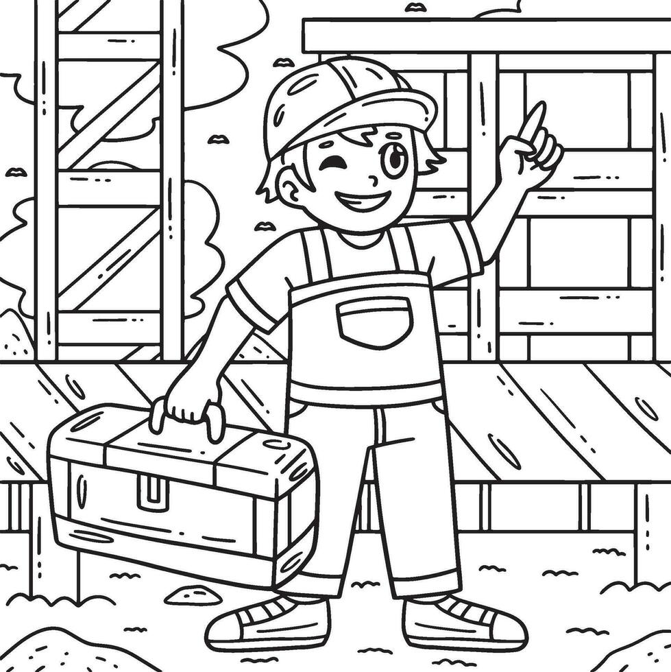 Construction Worker with Toolbox Coloring Page vector