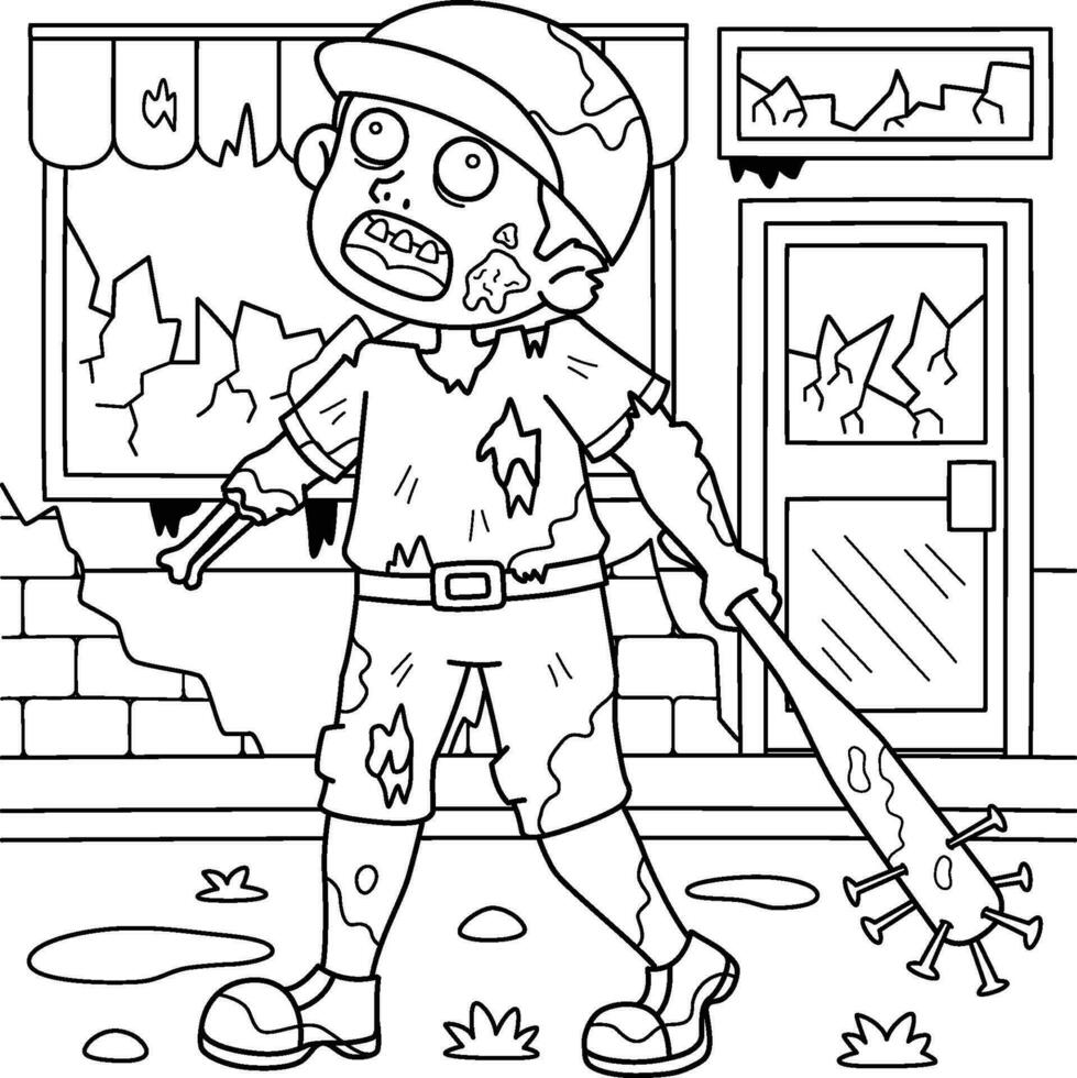 Zombie Holding a Baseball Bat Coloring Page vector