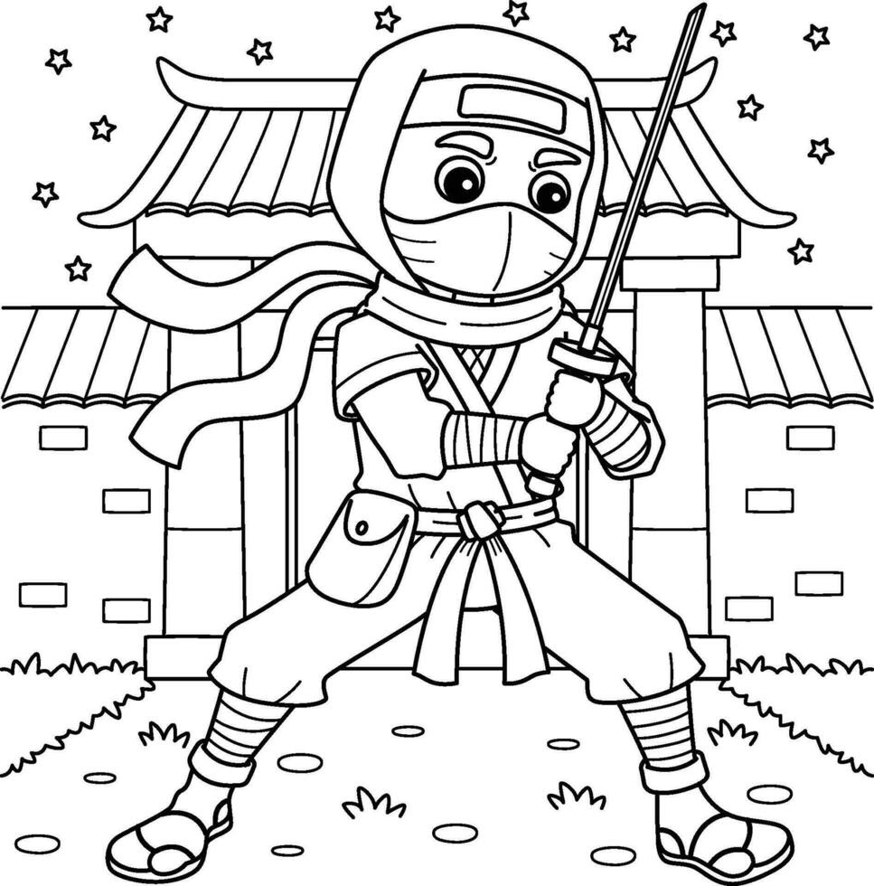 Ninja Holding a Katana Coloring Page for Kids vector