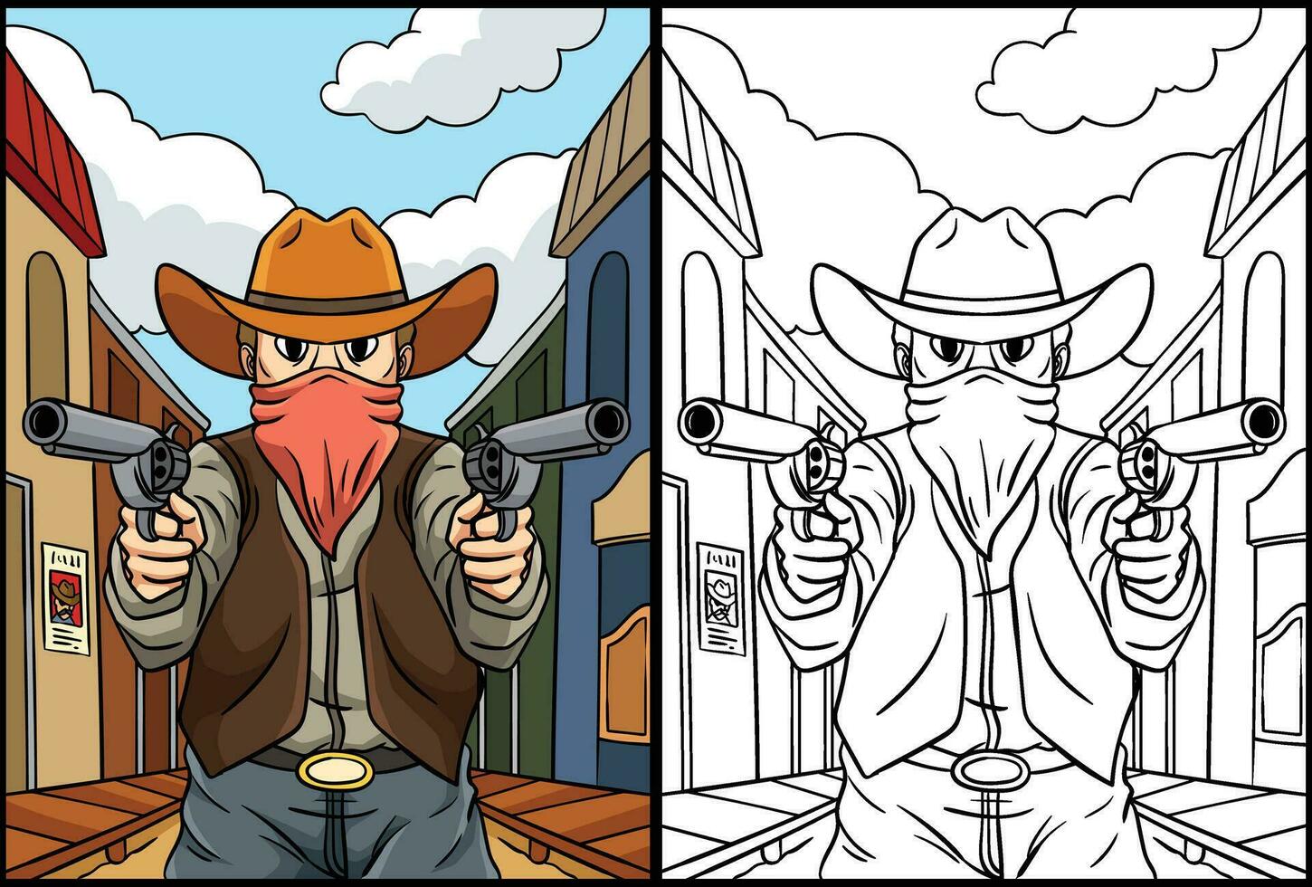 Cowboy Pointing Gun Coloring Page Illustration vector