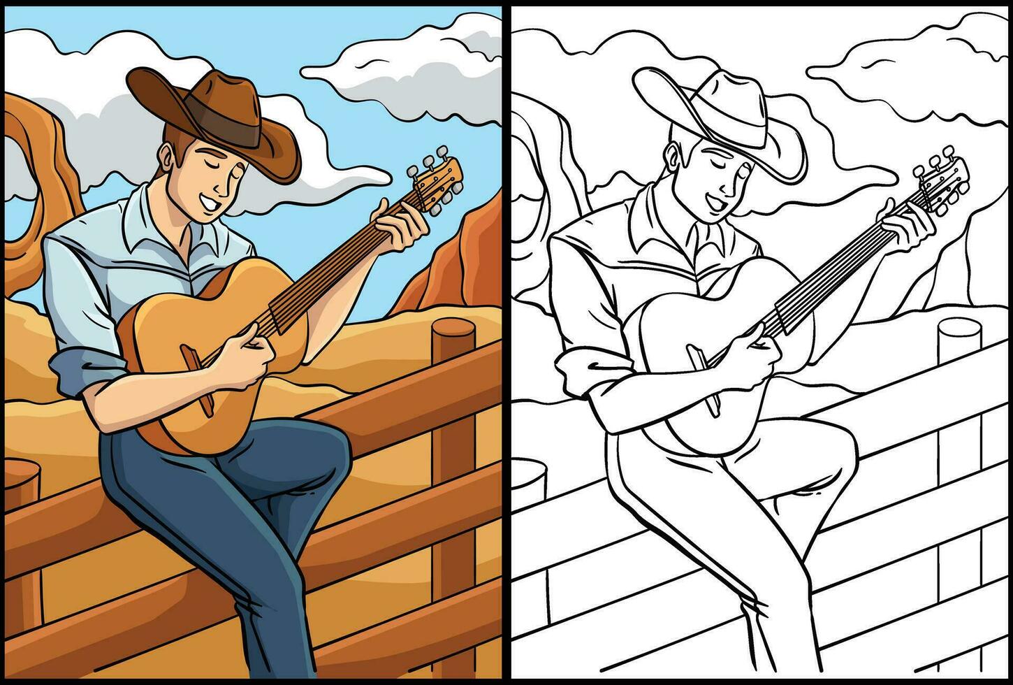 Cowboy Playing Guitar Coloring Page Illustration vector