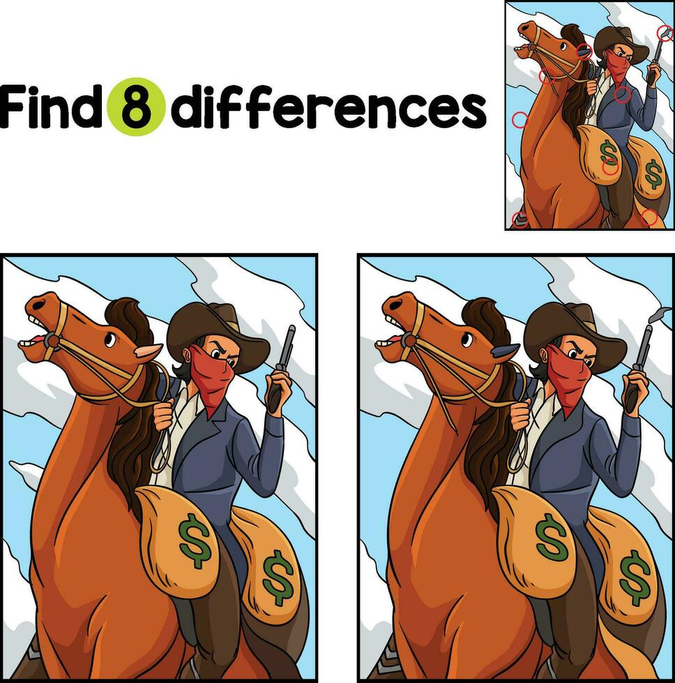 Cowboy Horse Riding with Gun Find The Differences vector