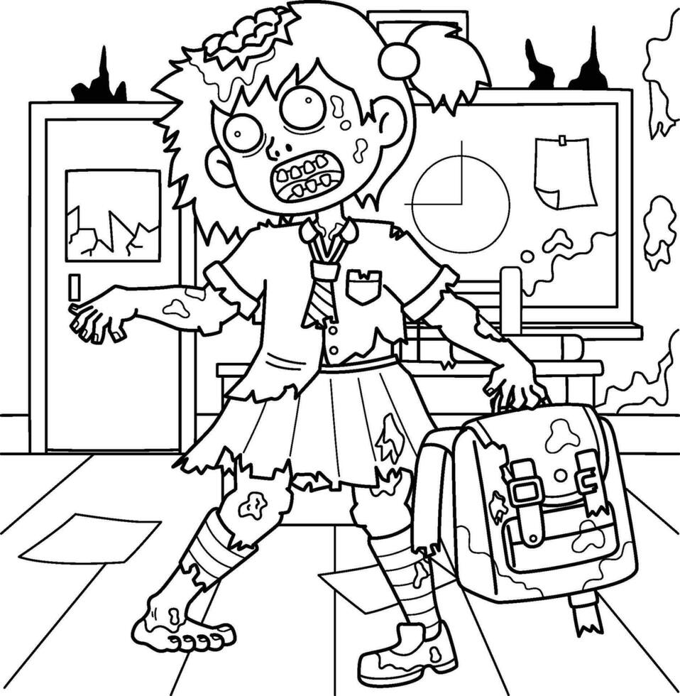 zombi colegio niña colorante página para niños vector