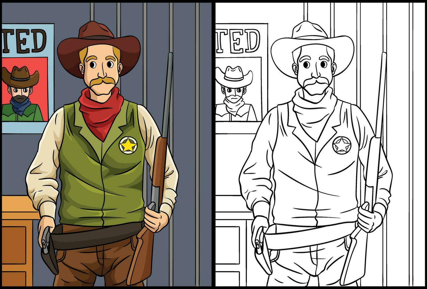 Cowboy Sheriff Coloring Page Colored Illustration vector
