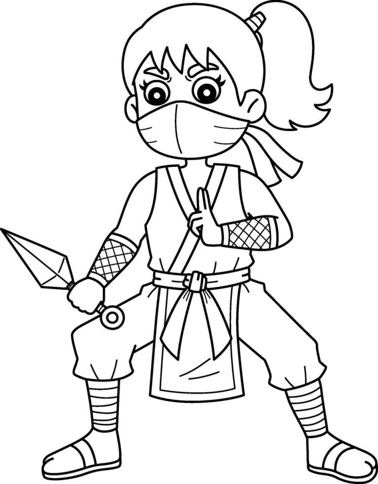 Ninja Kunoichi with Kunai Isolated Coloring Page vector