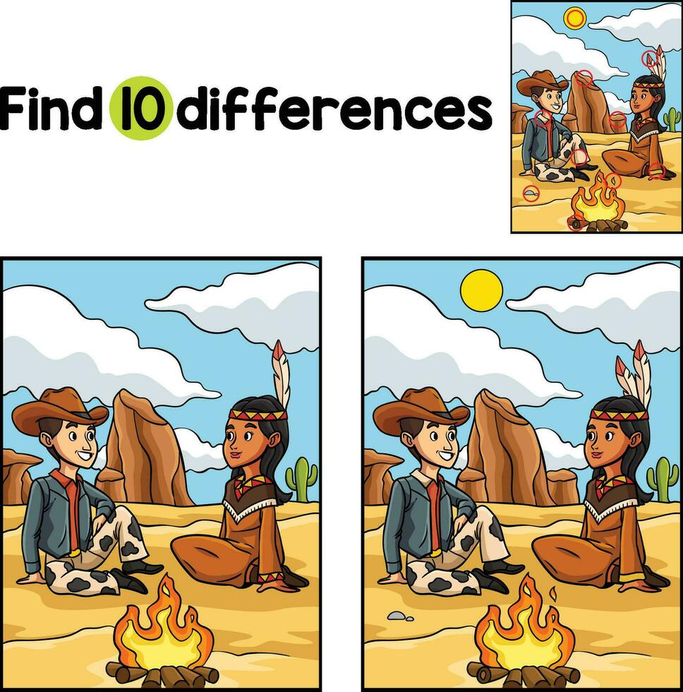 Cowboy American Indian Girl Find The Differences vector