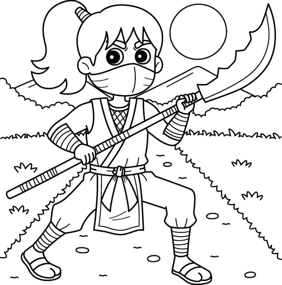 Ninja Kunoichi with Naginata Coloring Page vector