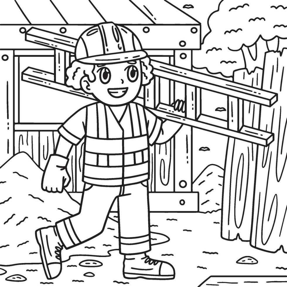 Construction Worker with a Ladder Coloring Page vector
