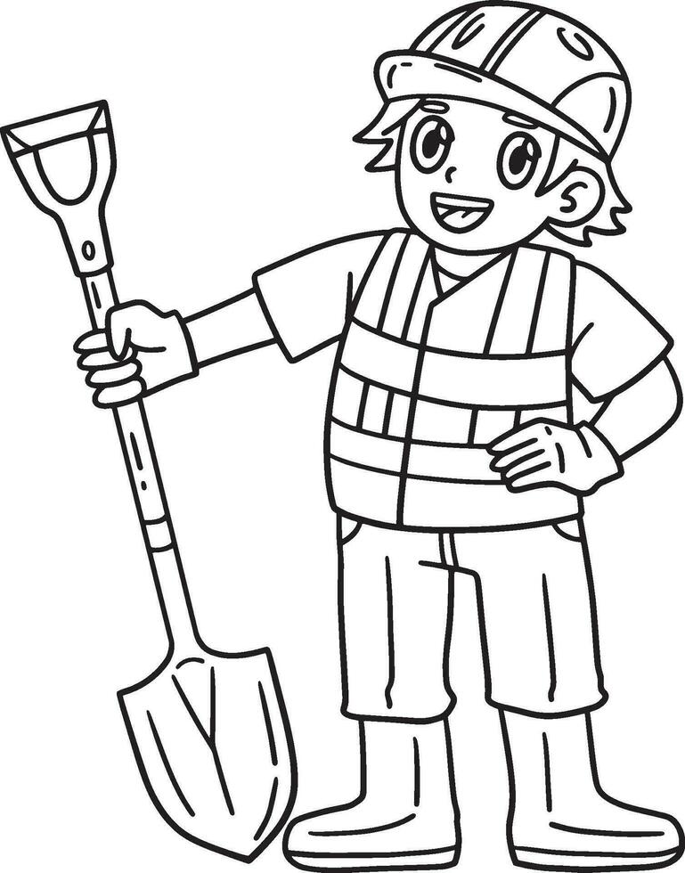 Construction Worker with Shovel Isolated Coloring vector