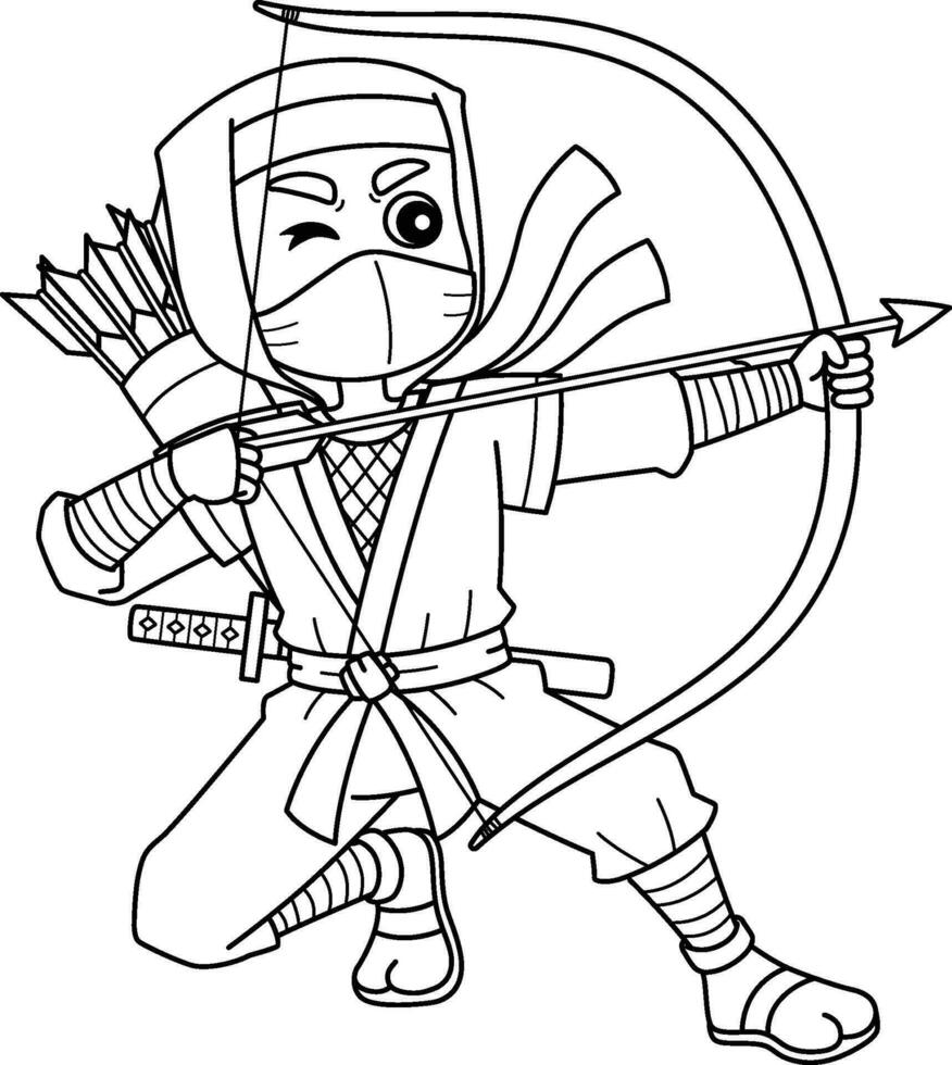 Ninja with Bow and Arrow Isolated Coloring Page vector