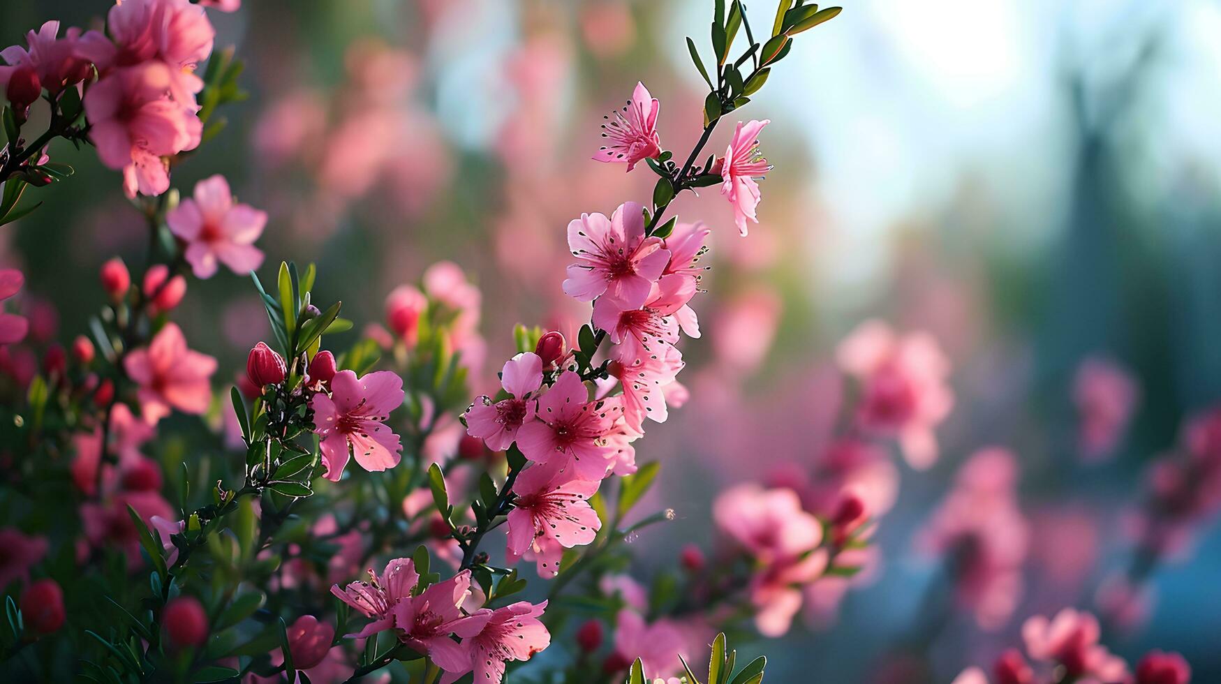 ai generado carmesí floraciones adornando el noche ligero foto