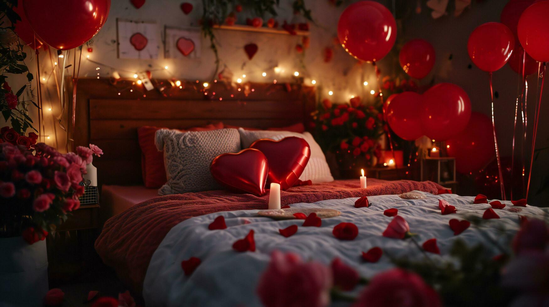AI generated Intimate Valentine Day Setting with Love Balloons and Candles photo