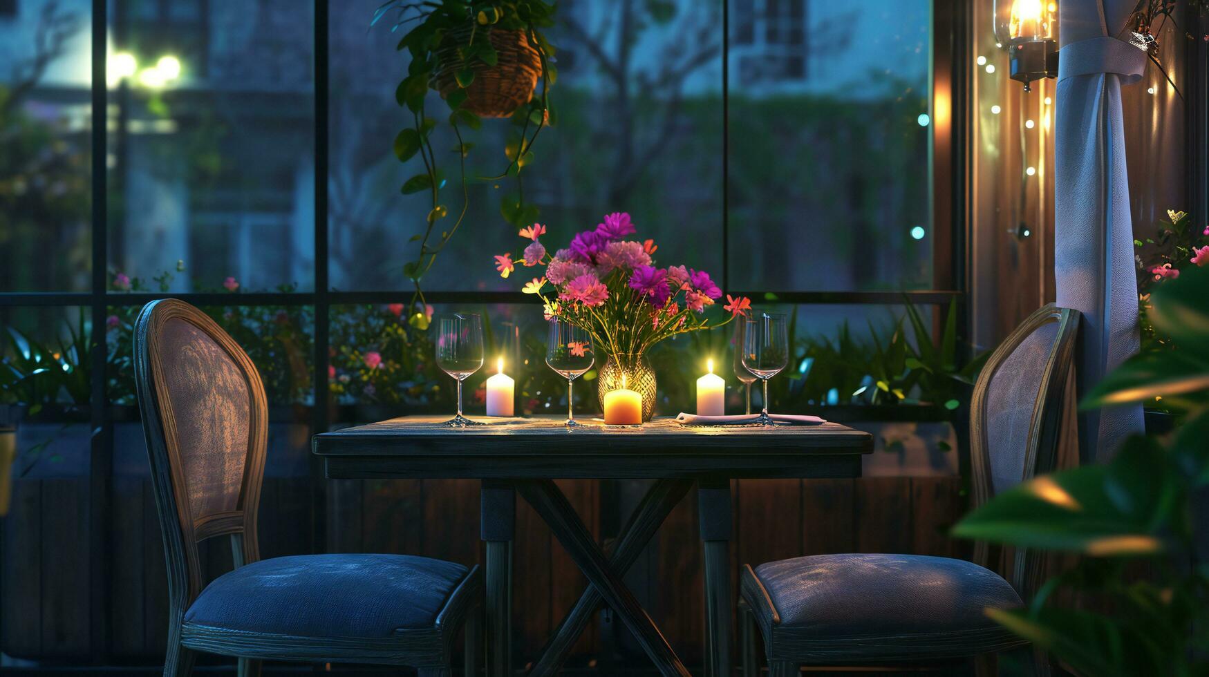 AI generated Intimate Balcony Dinner with Urban Garden Ambiance photo