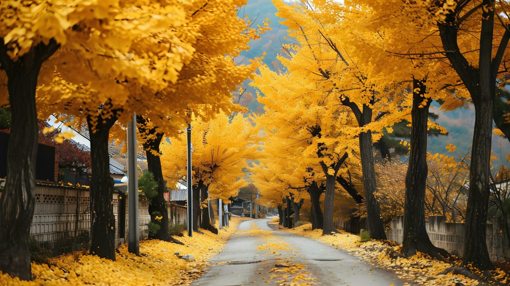 AI generated Golden Autumn Canopy on a Serene Street photo