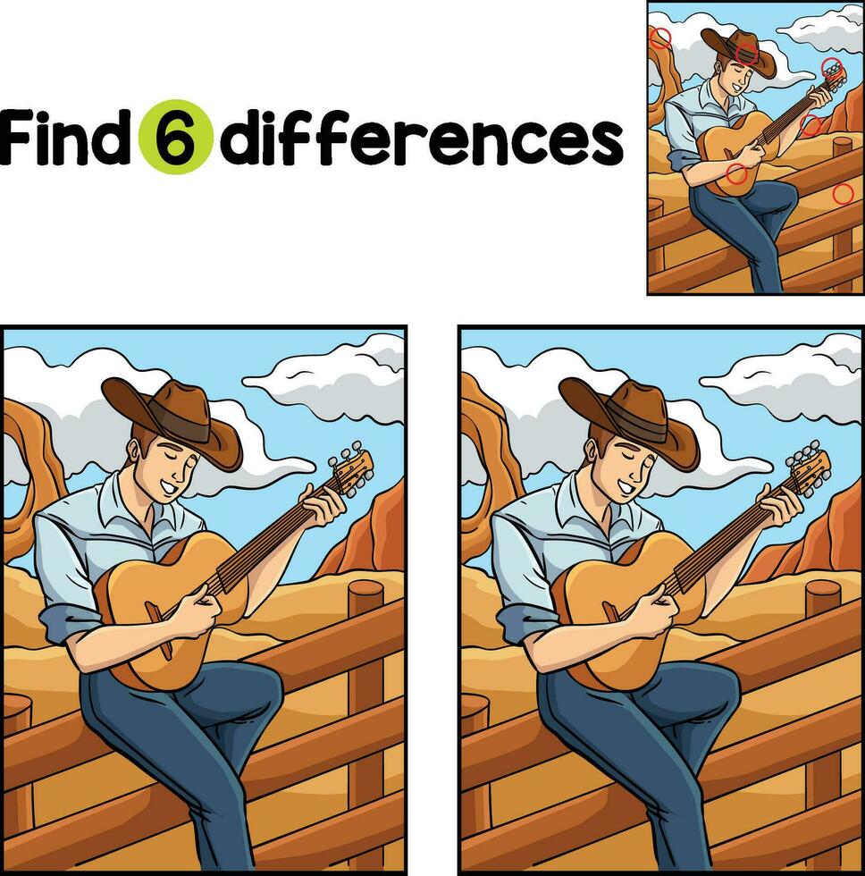 Cowboy Playing Guitar Find The Differences vector