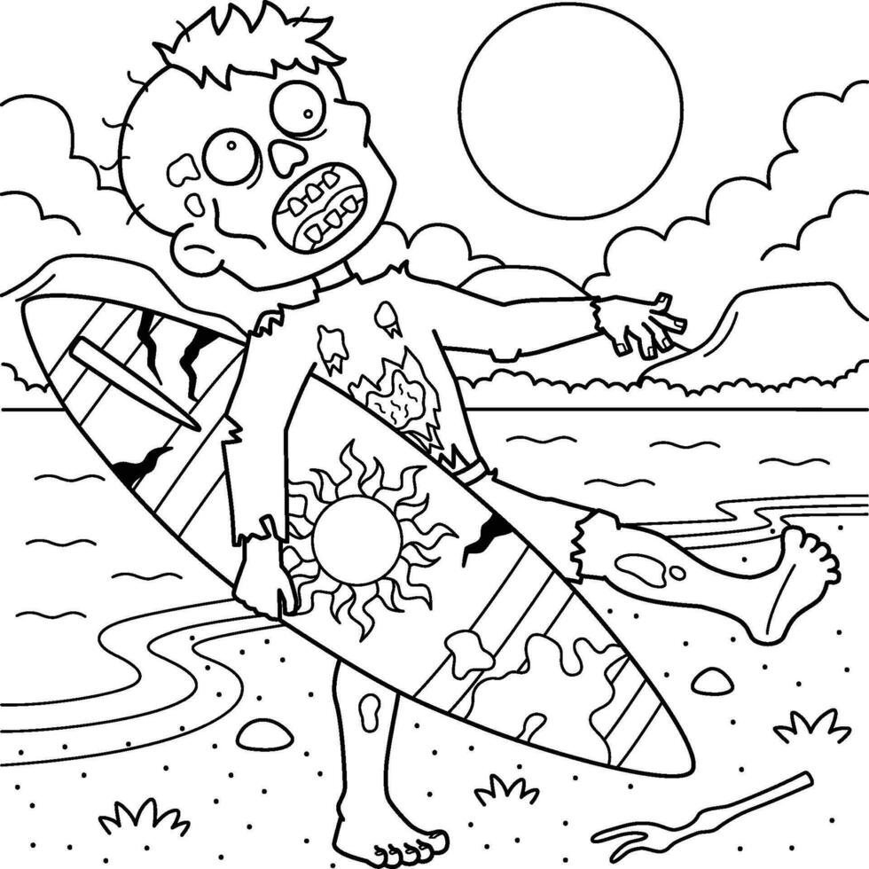 Zombie Surfer Coloring Page for Kids vector