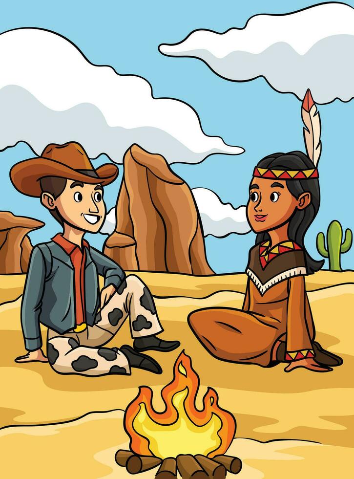 vaquero con americano indio niña de colores dibujos animados vector