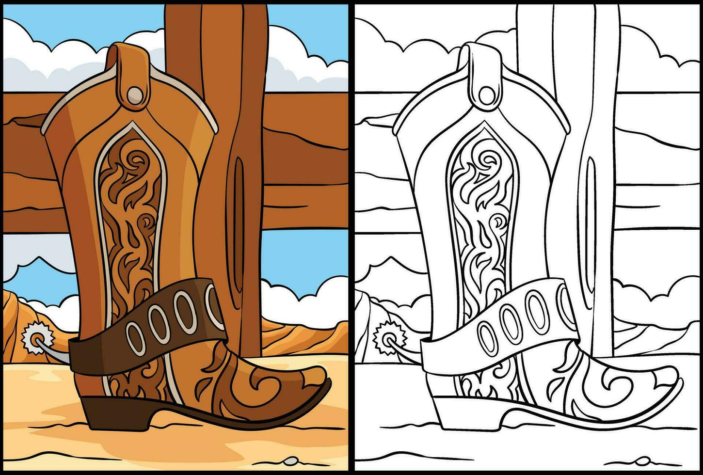 Cowboy Boots Coloring Page Colored Illustration vector