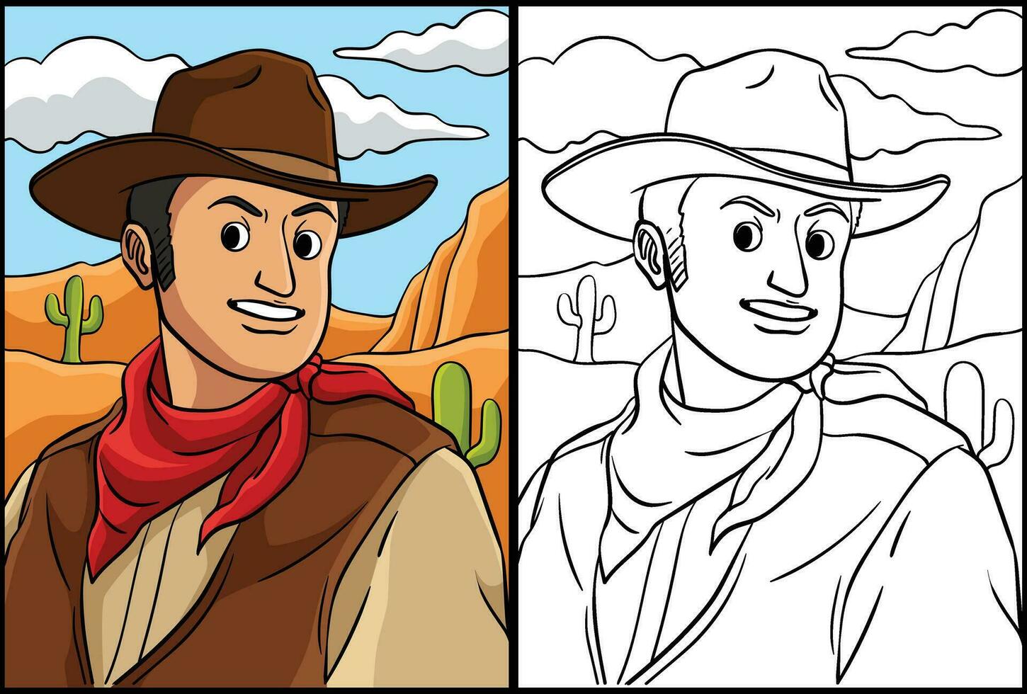 Cowboy in the Desert Coloring Colored Illustration vector