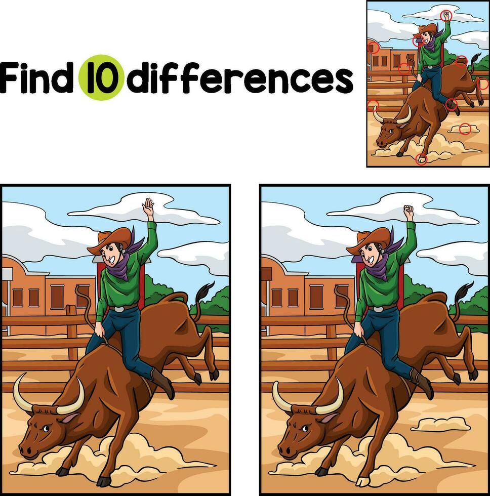 Cowboy Bull Rider Find The Differences vector