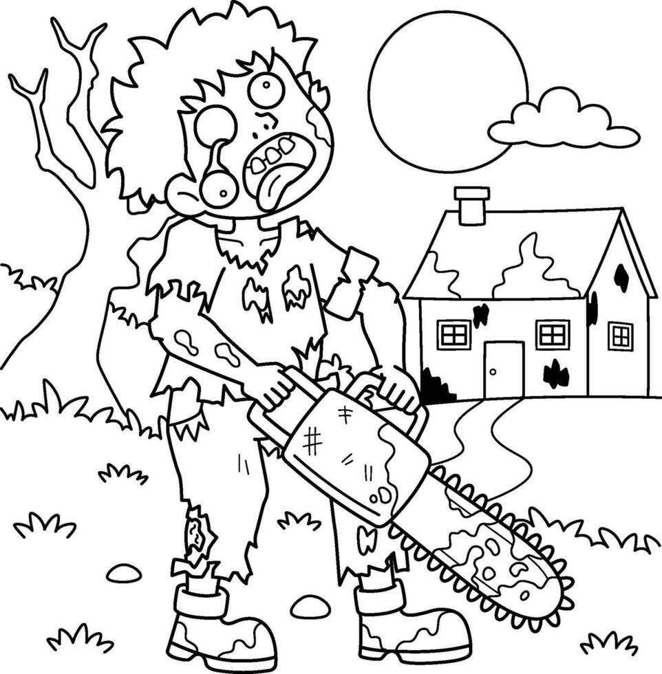 Zombie with Chainsaw Coloring Page for Kids vector