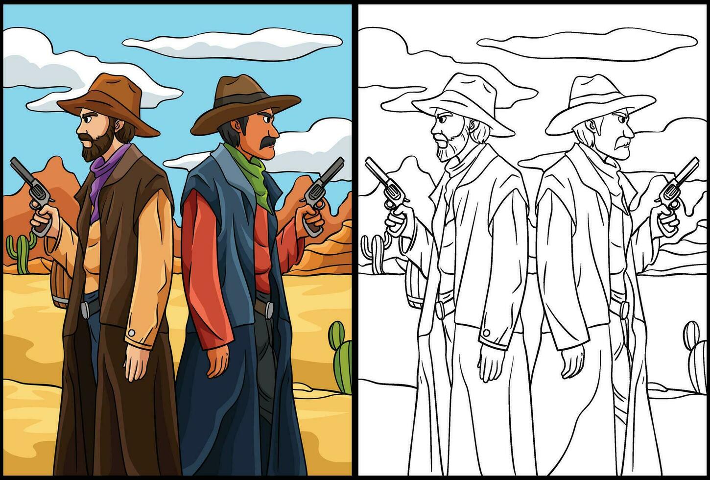 Cowboy Duel Coloring Page Colored Illustration vector