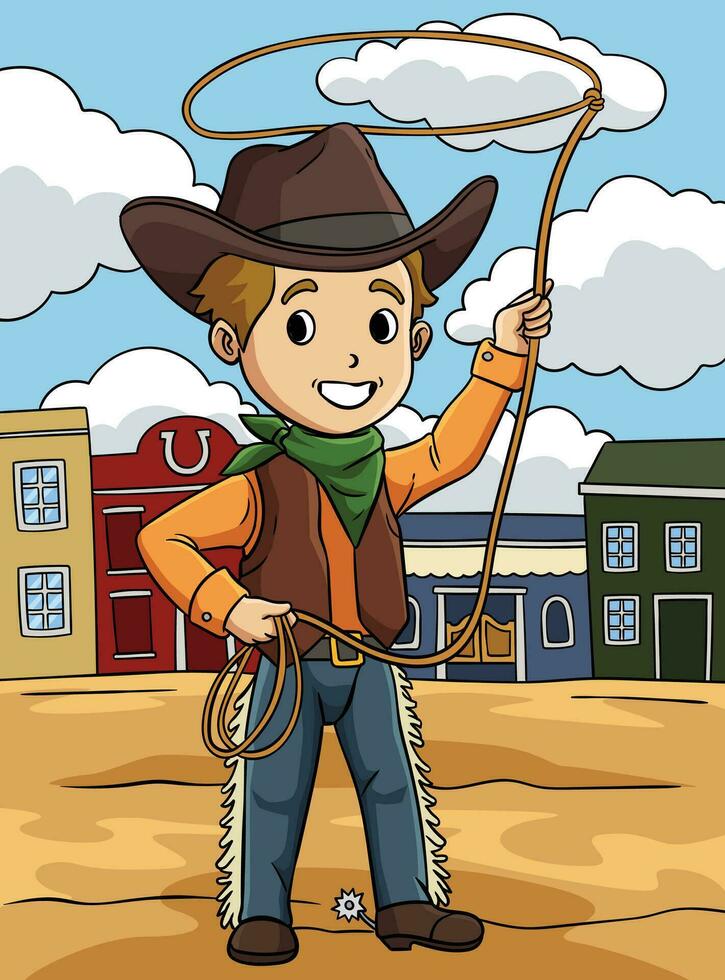Cowboy with Rope Colored Cartoon Illustration vector