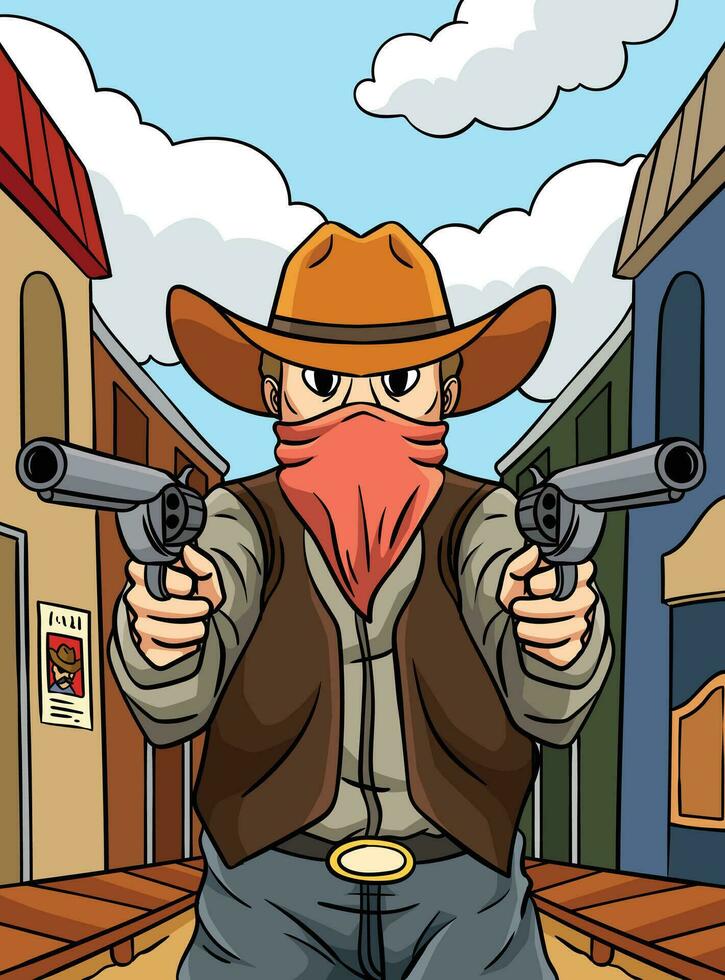 Cowboy Pointing Gun Colored Cartoon Illustration vector