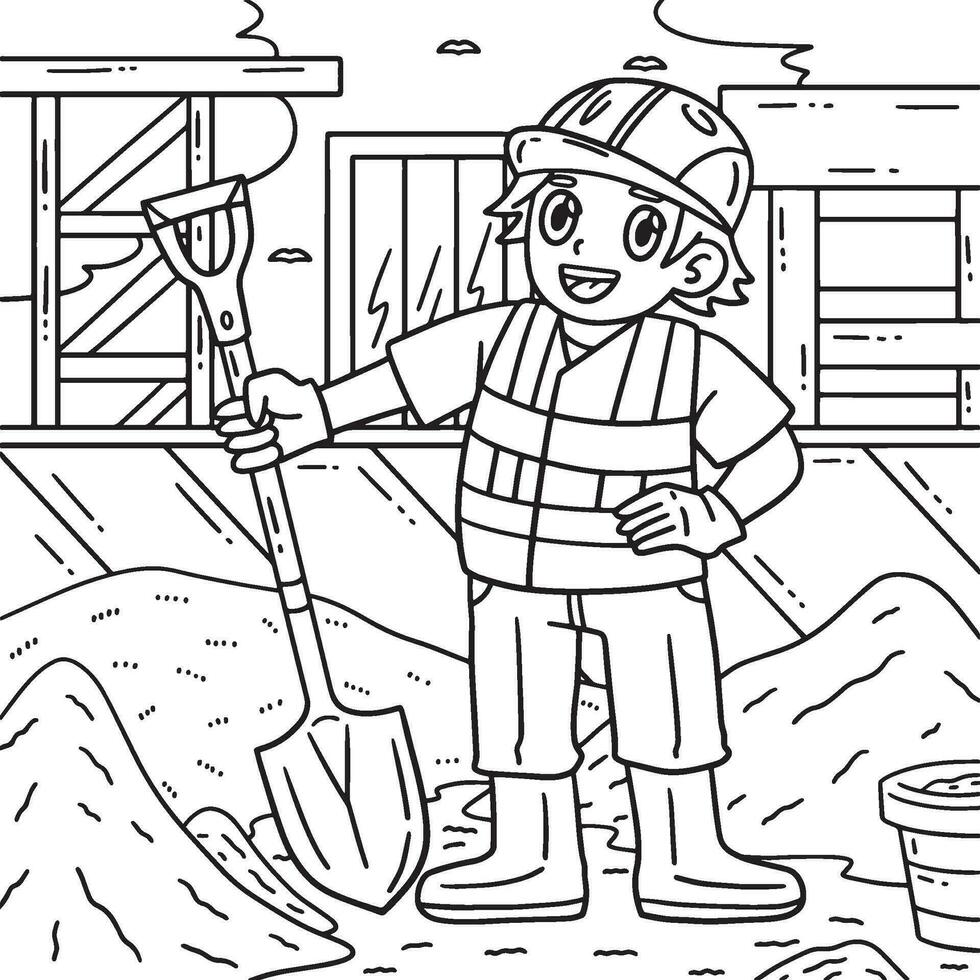Construction Worker with a Shovel Coloring Page vector