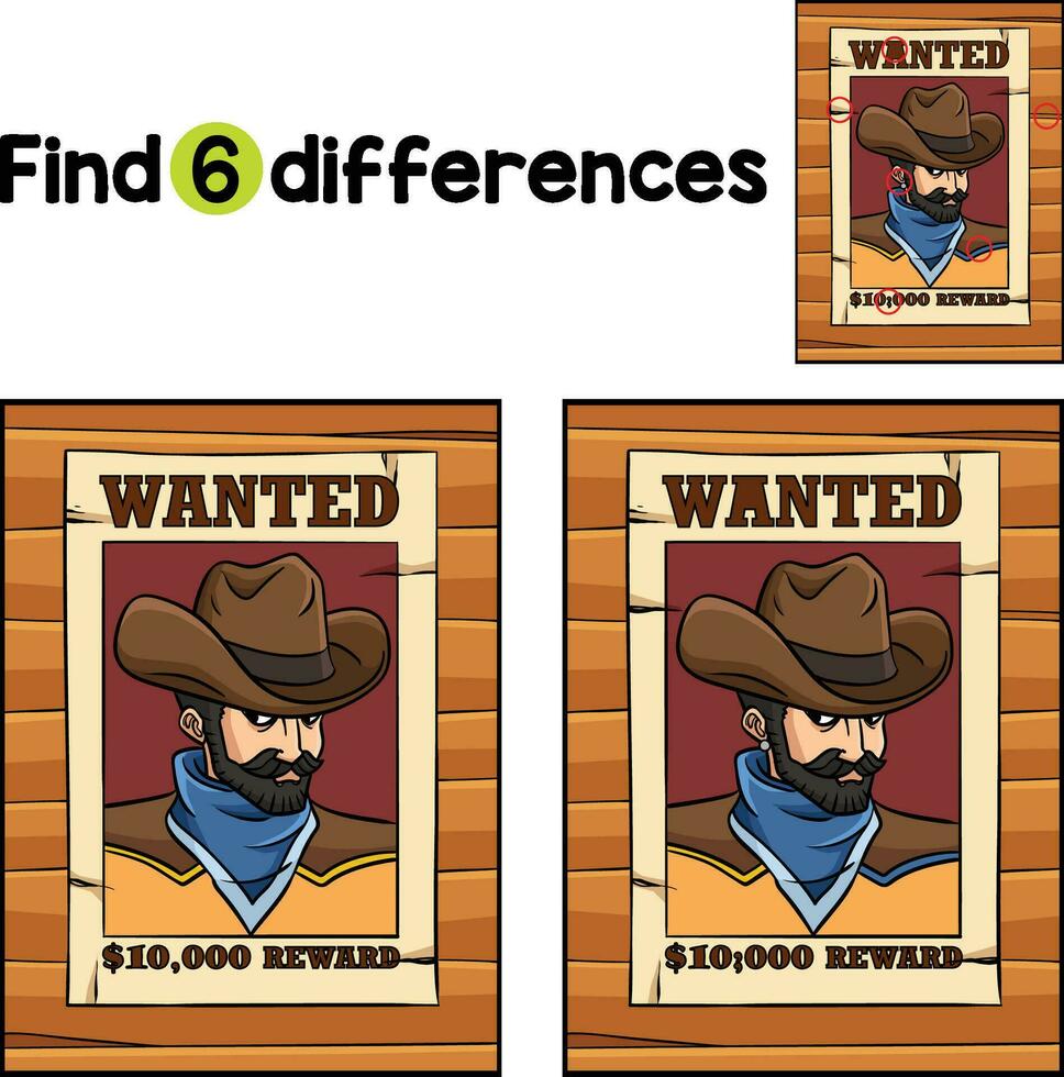 Cowboy Wanted Poster Find The Differences vector