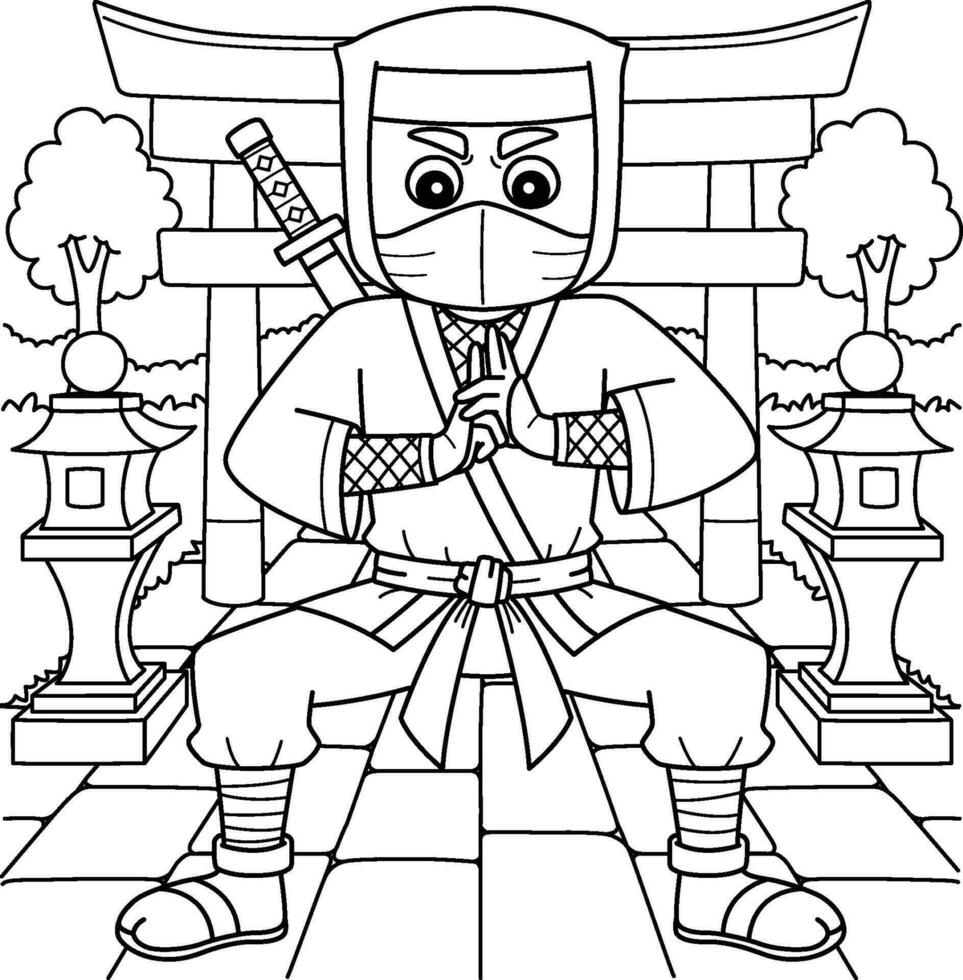 Ninja doing Hand Seals Coloring Page for Kids vector