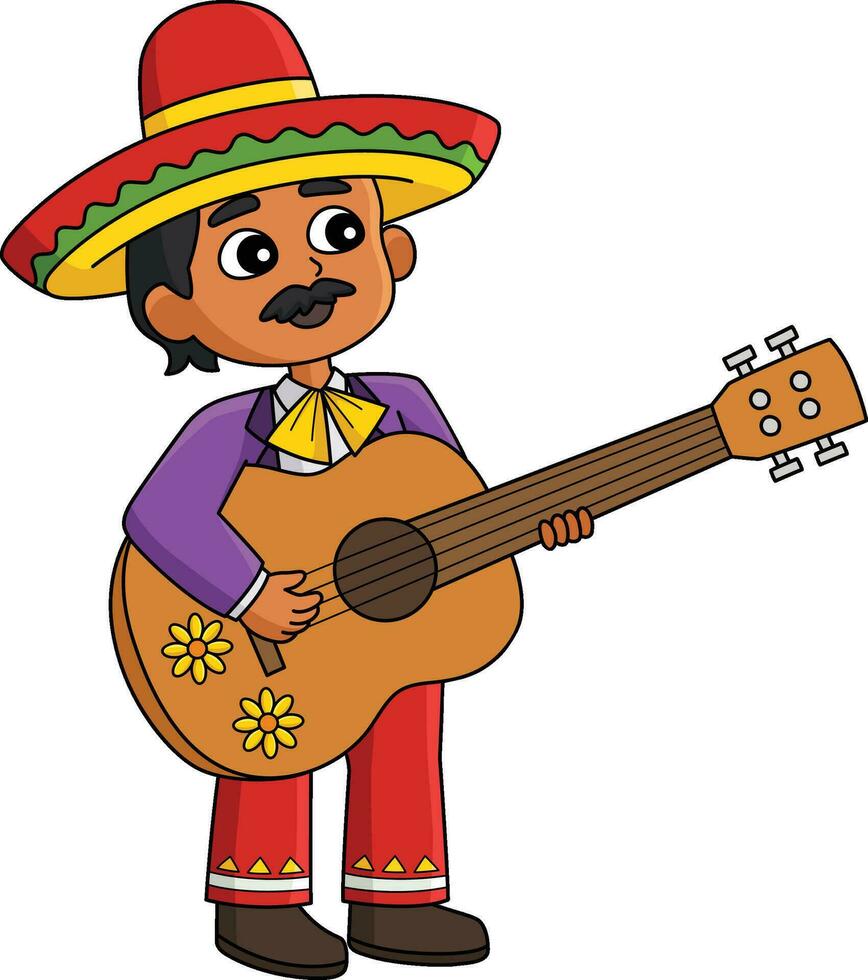 Mexican Boy with Guitar Cartoon Colored Clipart vector