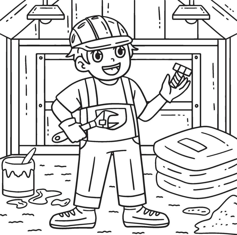Construction Worker with Wrench and Bolt Coloring vector