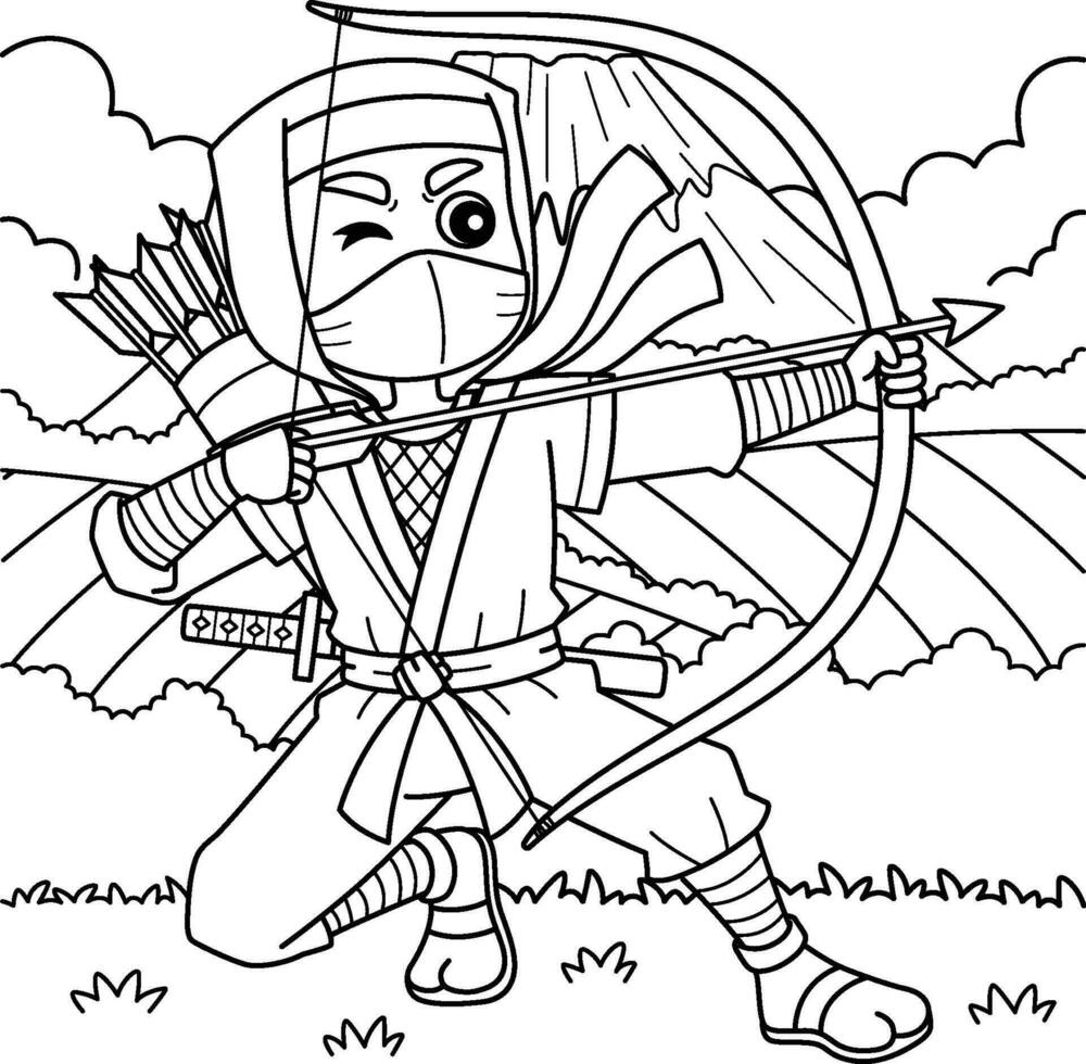 ninja con arco y flecha colorante página para niños vector