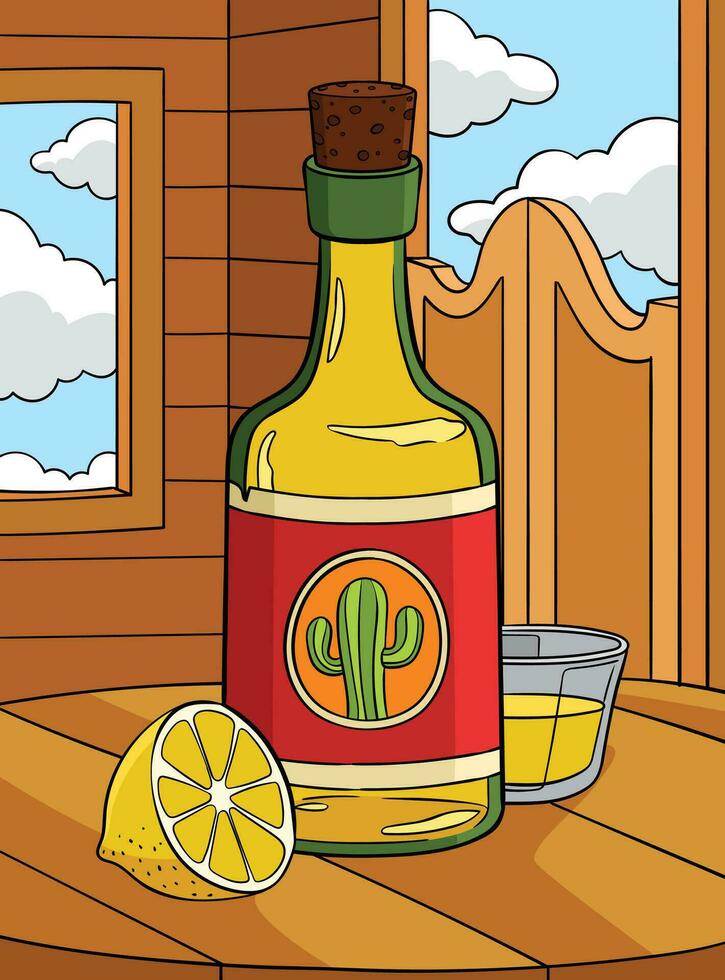 Cowboy Bottle of Tequila and Lemon Colored Cartoon vector