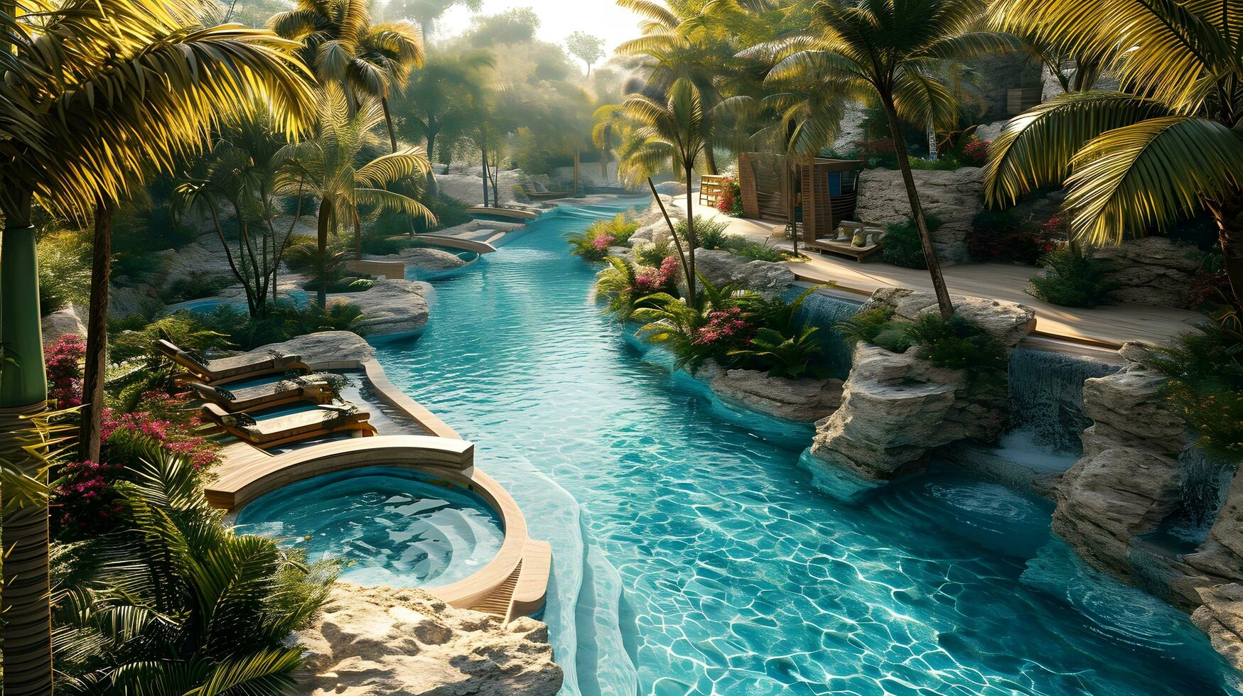 AI generated Secluded Paradise Pool Winding Through a Tropical Oasis photo